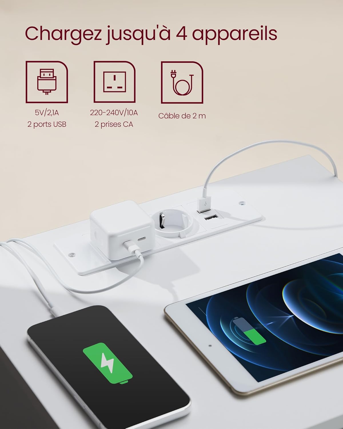 VASAGLE Set of 2 Bedside Table with Power Strip