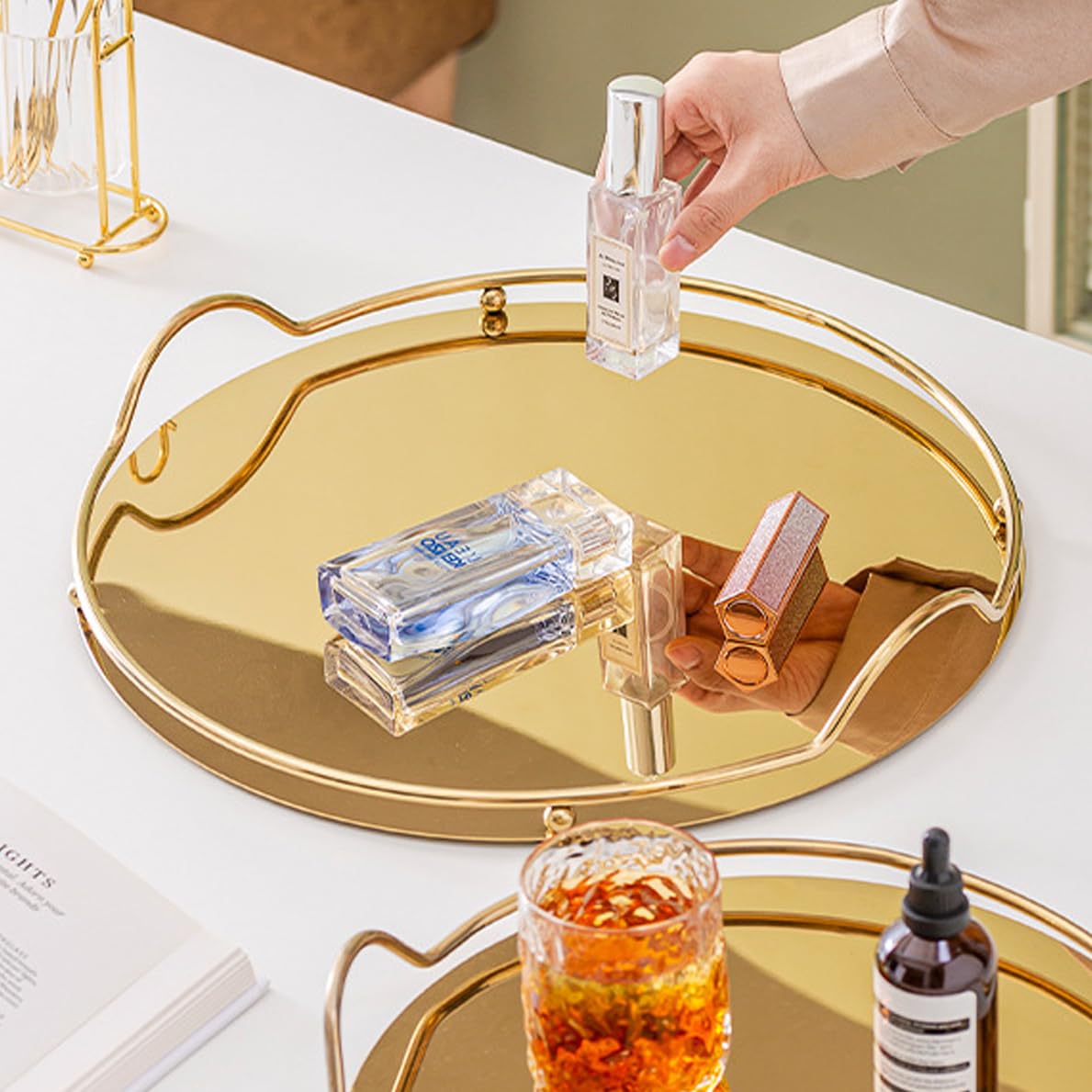 Round Gold-Tone Decorative Tray with Gallery Handles