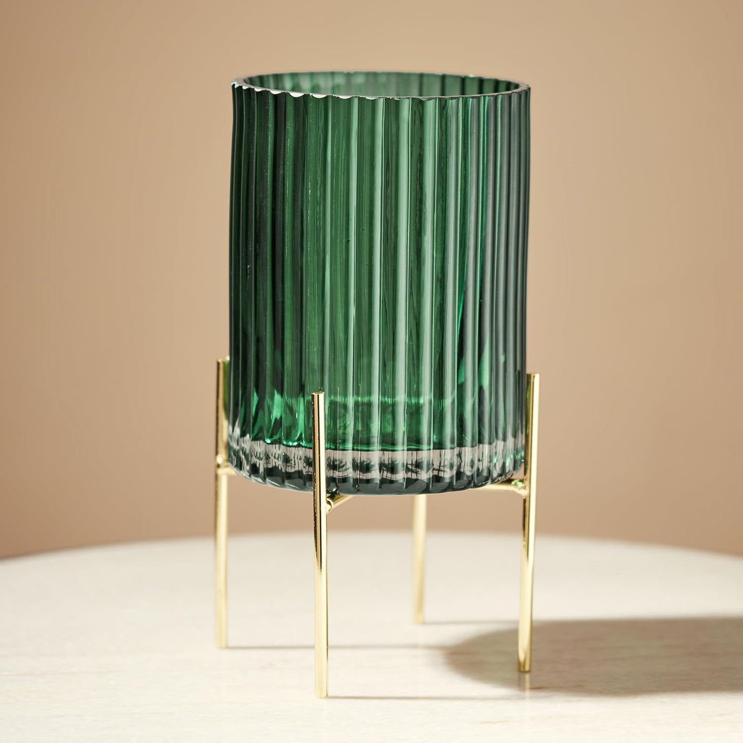 Living Ribbed Glass Hurricane with Metal Stand