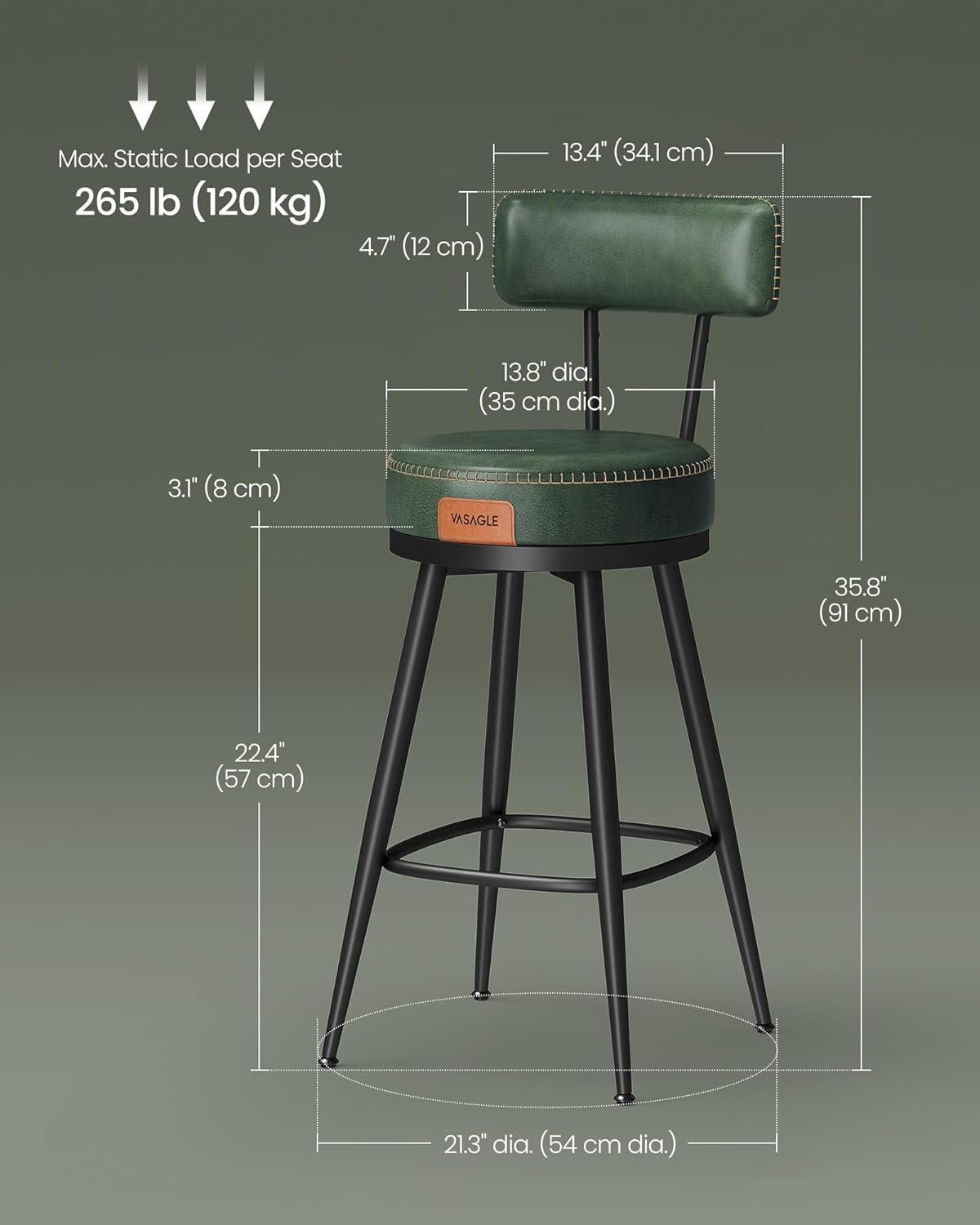 VASAGLE Set of 2 Forest Green Bar Stool