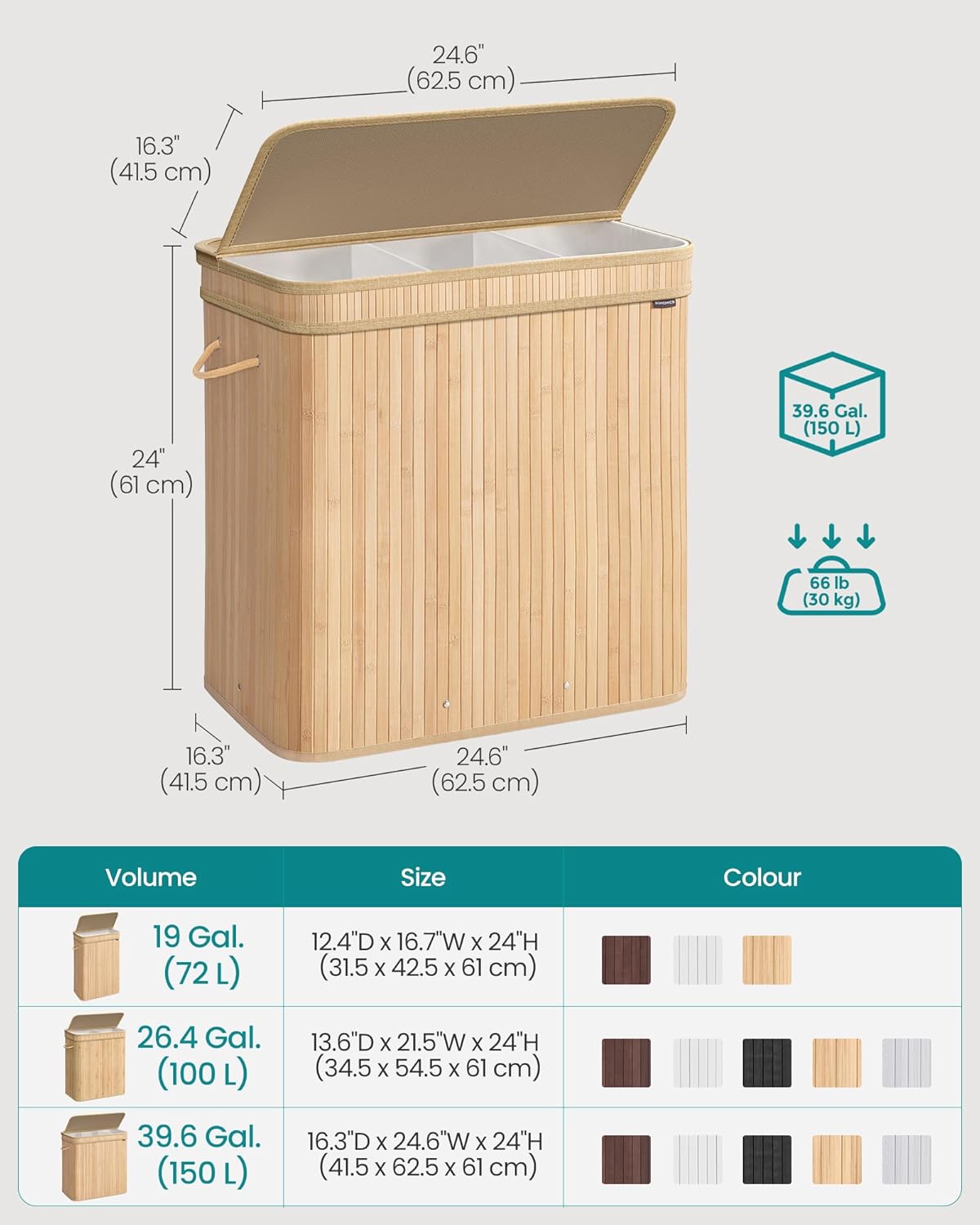 SONGMICS Laundry Hamper with Lid LCB062N01