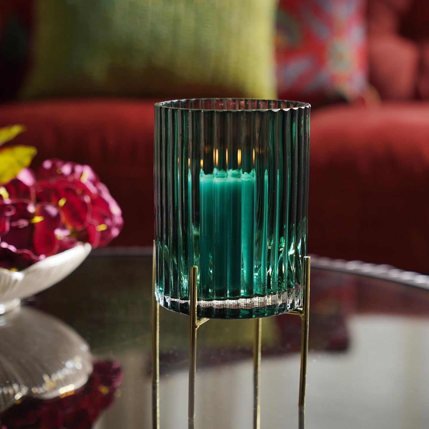 Living Ribbed Glass Hurricane with Metal Stand