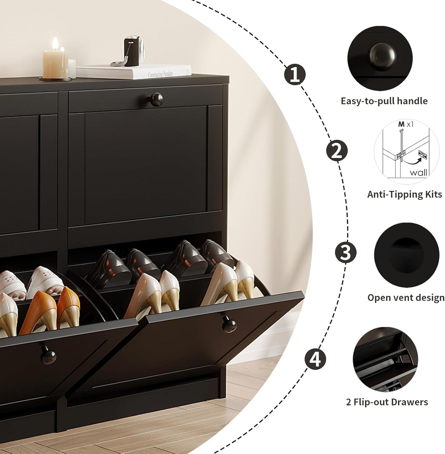 Shoe Cabinet with 4 Flip Drawers