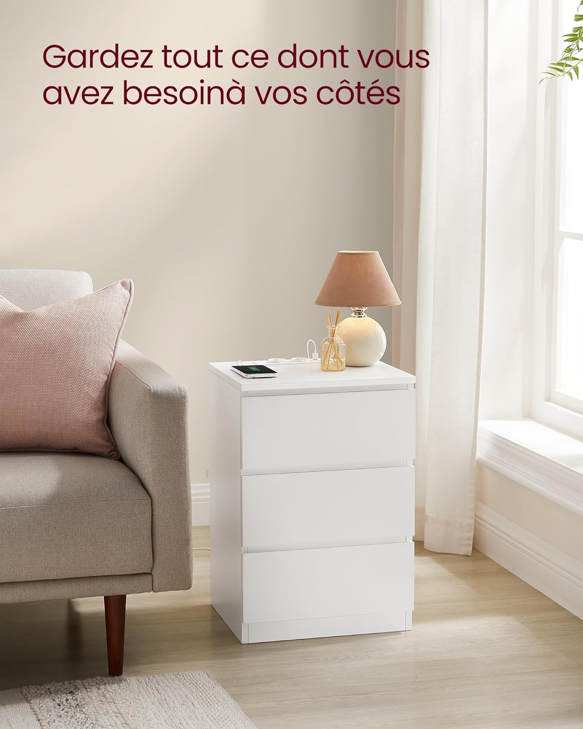 VASAGLE Set of 2 Bedside Table with Power Strip