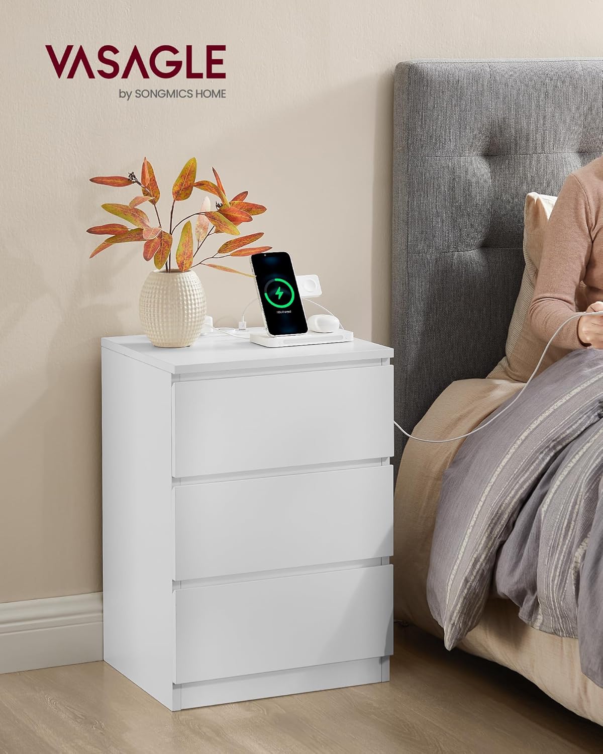 VASAGLE Set of 2 Bedside Table with Power Strip