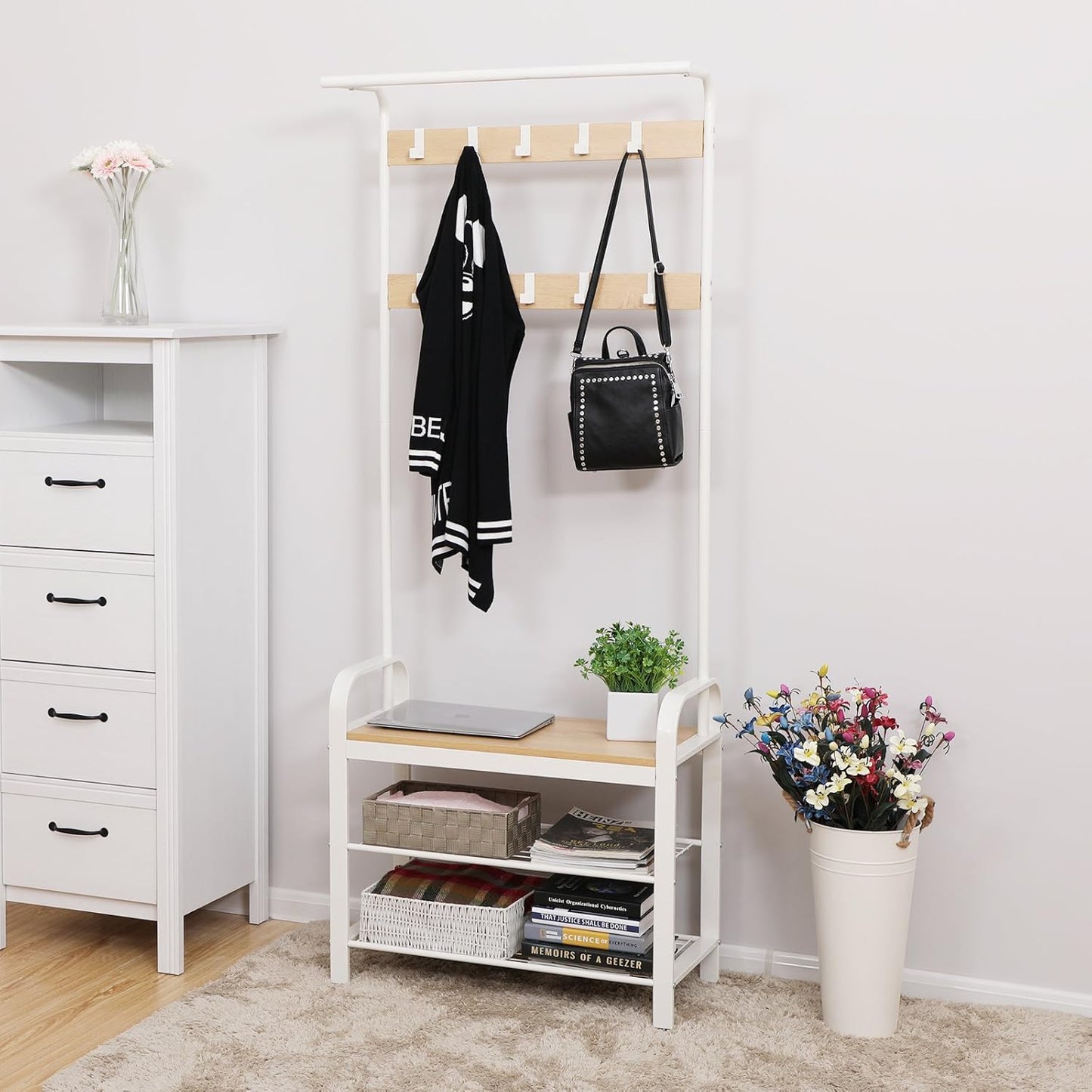 VASAGLE Coat Stand with Shoe Storage Bench