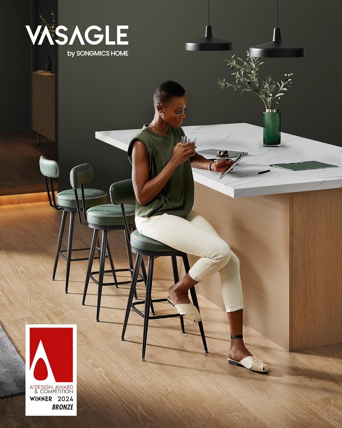 VASAGLE Set of 2 Forest Green Bar Stool