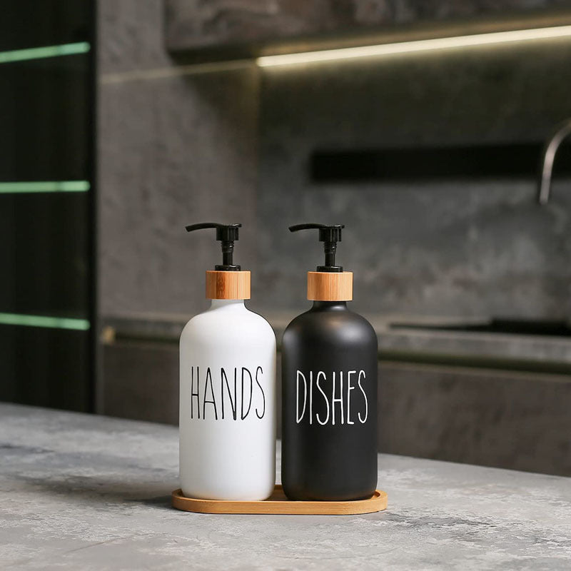 Set Of 2 Soap Dispenser with Bamboo tray