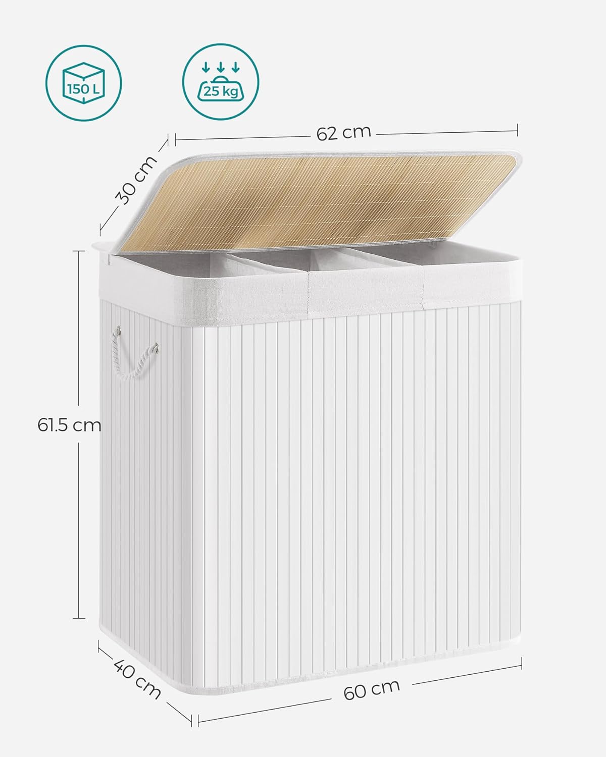 SONGMICS Laundry Hamper Basket with 3 Sections