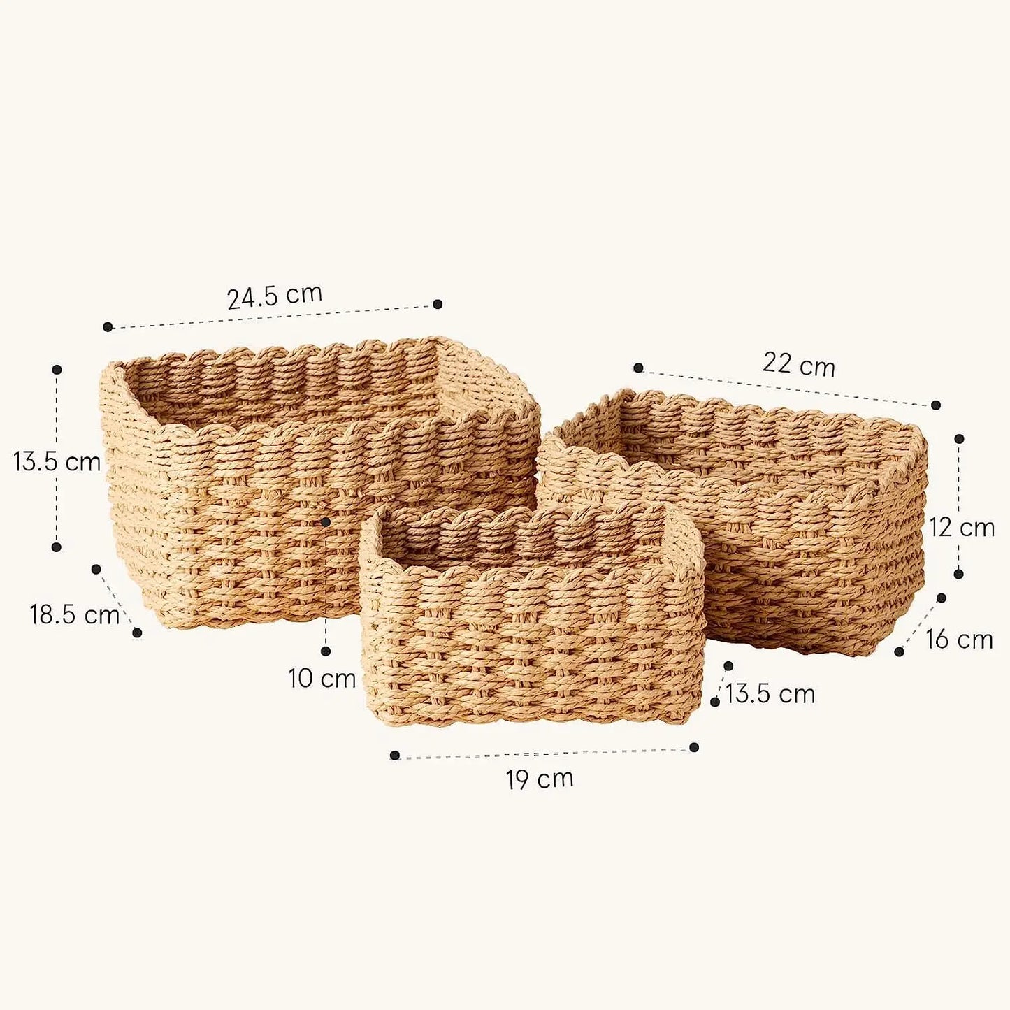Set of 3 Paper Rope Woven Storage Baskets