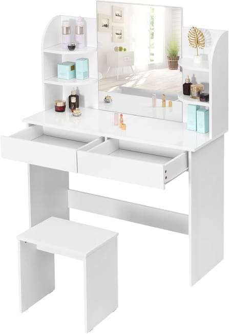 Dressing table with mirror and stool