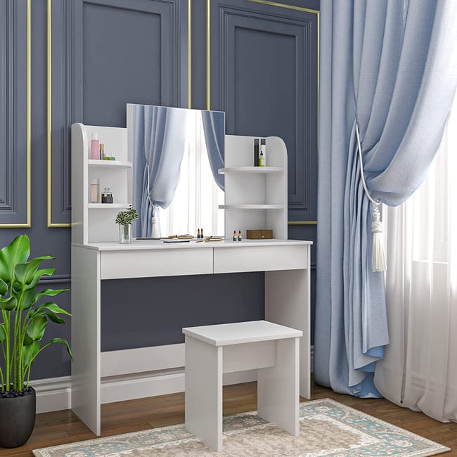 Dressing table with mirror and stool