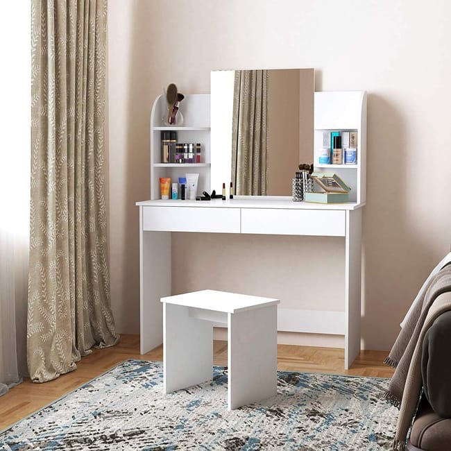 Dressing table with mirror and stool