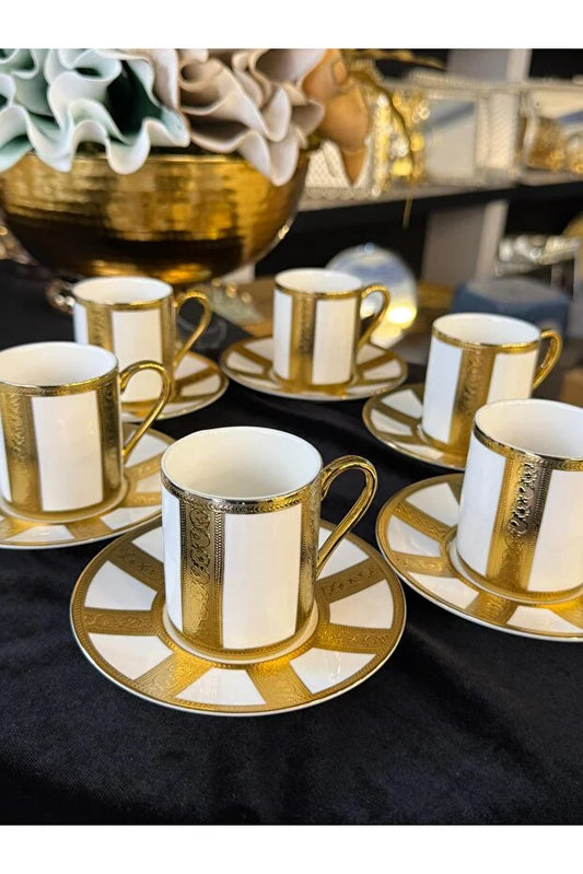 Set of 6  Gold Engraved Porcelain Coffee Cup Set