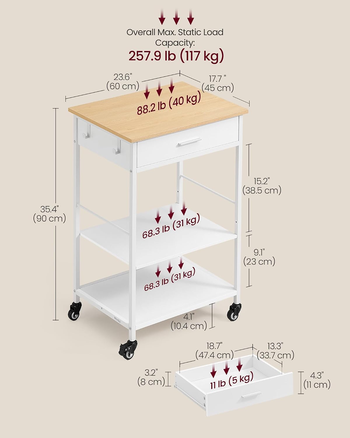VASAGLE Mobile Kitchen Island on Wheels (KKI007Y01.)