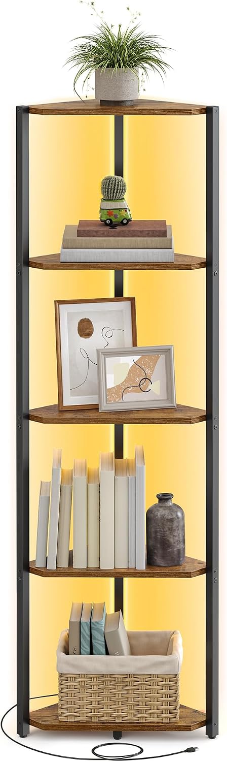 VASAGLE 5-Tier Corner Shelf with Adjustable LED Lights (LBC590KD02)
