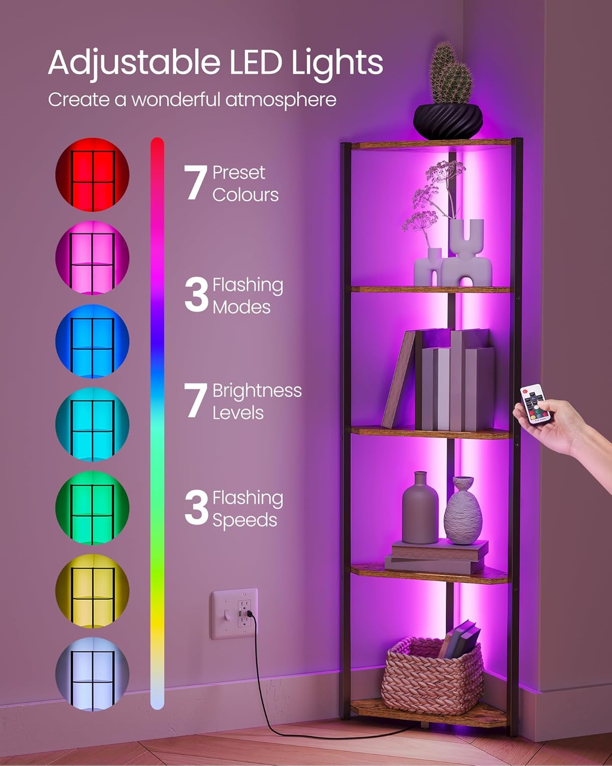 VASAGLE 5-Tier Corner Shelf with Adjustable LED Lights (LBC590KD02)