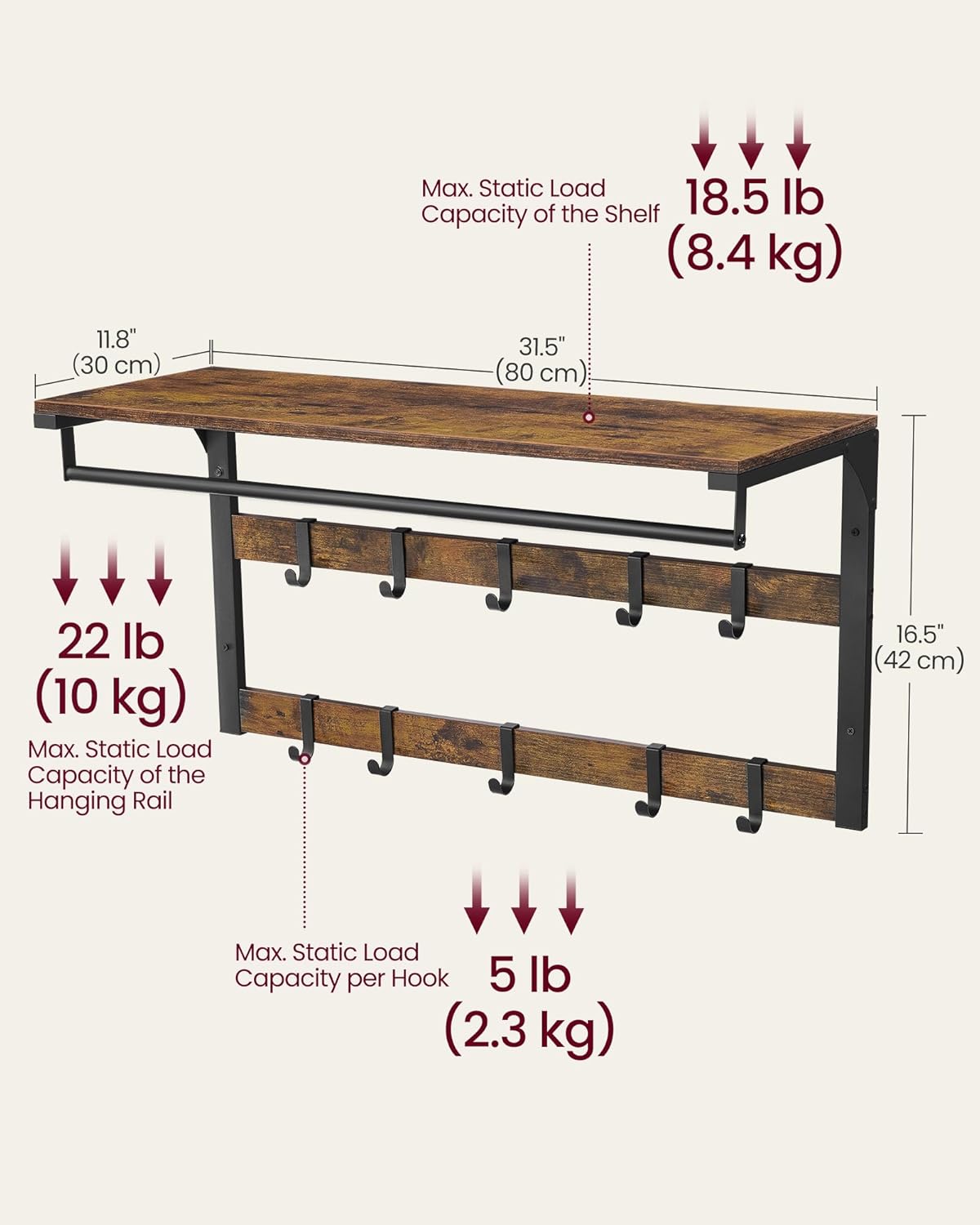 VASAGLE Wall Mounted Coat Rack LCR201B01