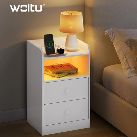 WOLTU Bedside Table with Charging Station & LED Lights