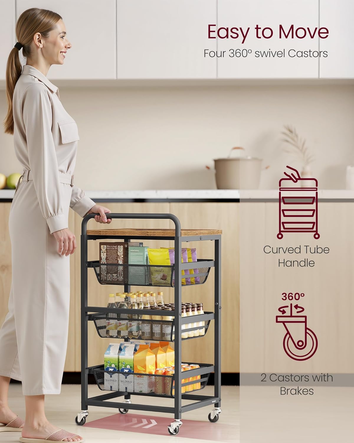 VASAGLE 4-Tier Storage Trolley with Pull-Out Baskets (LRC040K01)