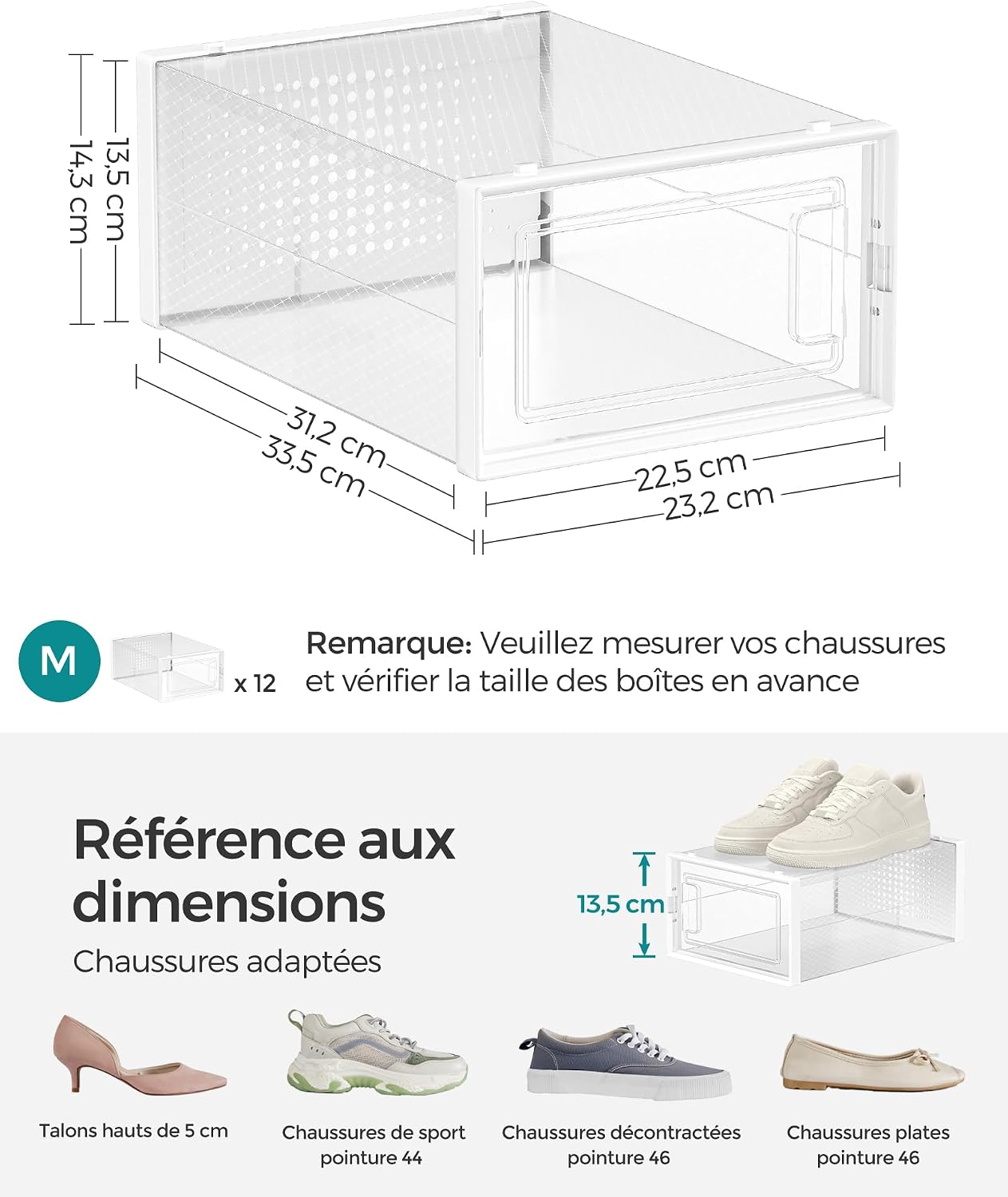 SONGMICS Set of 12 Stackable Shoe Boxes (LSP12SWTV2)