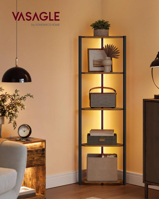 VASAGLE 5-Tier Corner Shelf with Adjustable LED Lights (LBC590KD02)