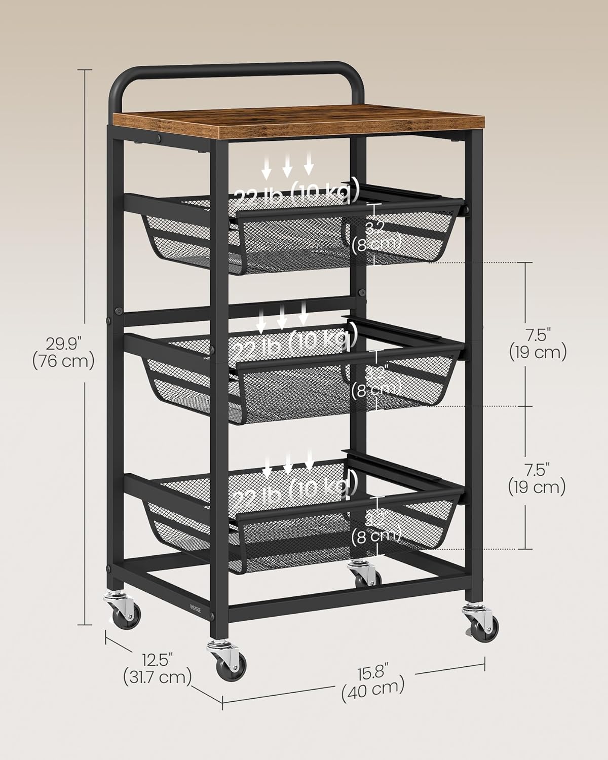 VASAGLE 4-Tier Storage Trolley with Pull-Out Baskets (LRC040K01)