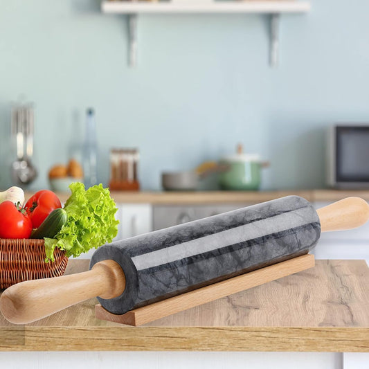 Marble Rolling Pin with Wooden Cradle Thick Handle Set
