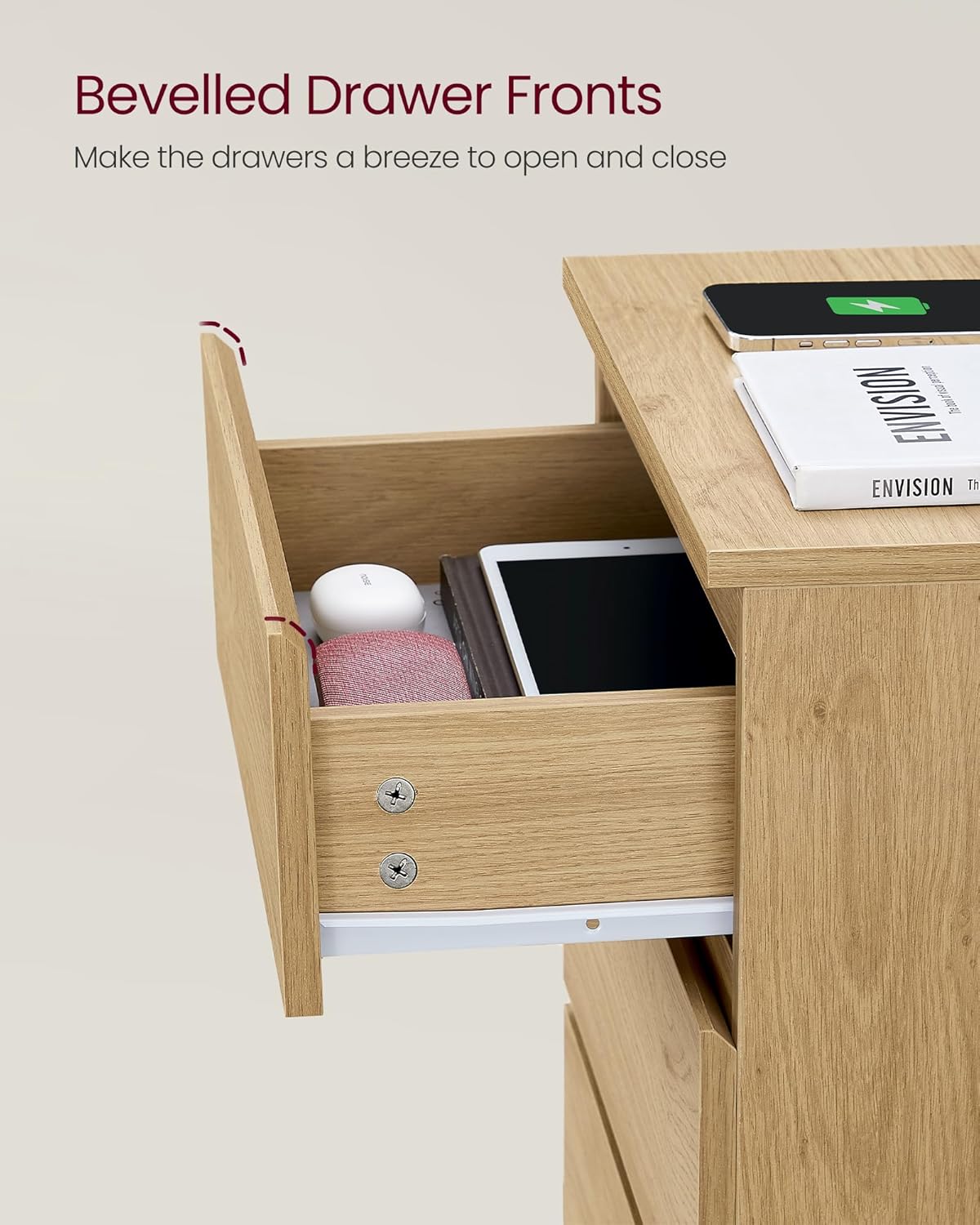 VASAGLE Bedside Table with Power Strip
