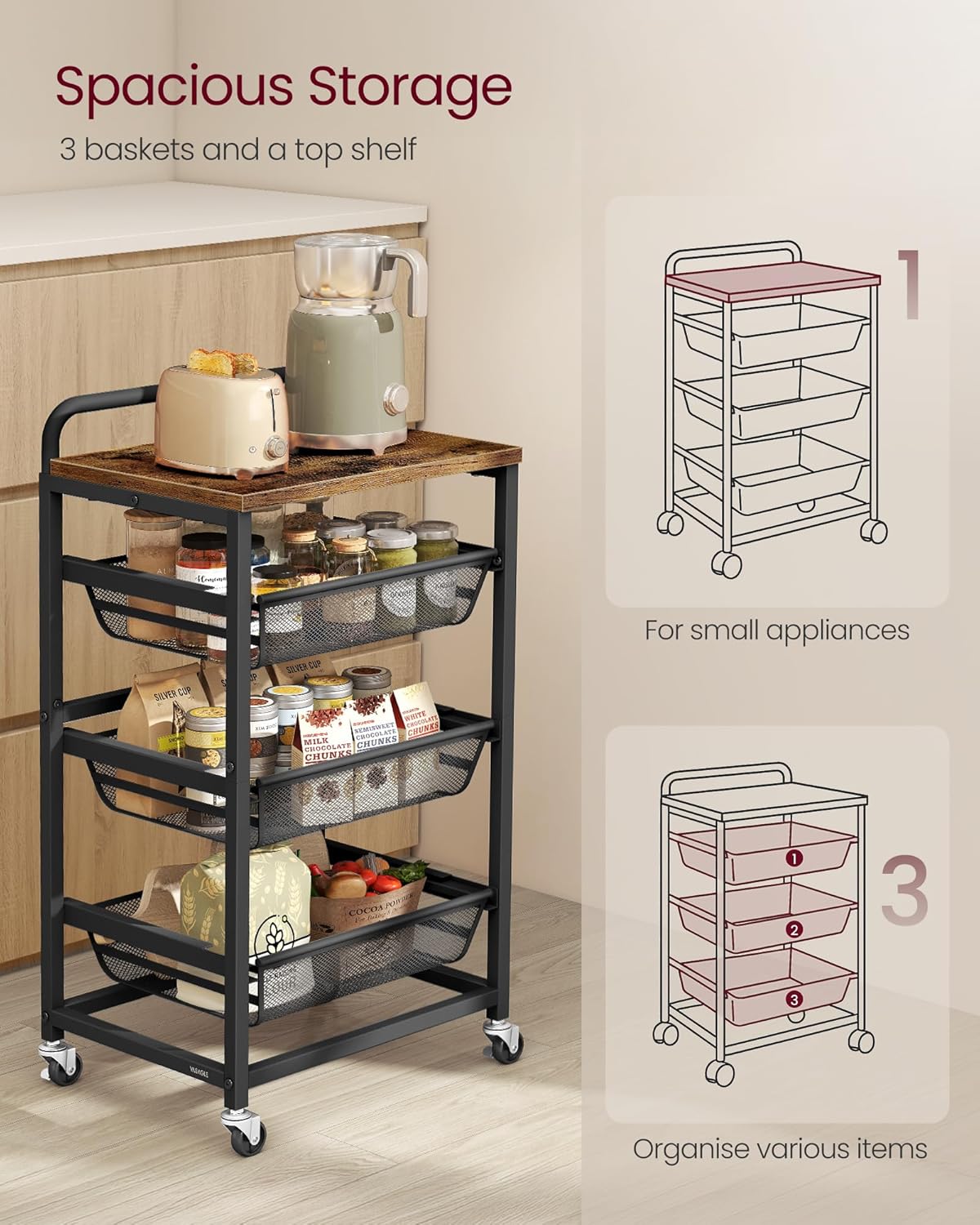 VASAGLE 4-Tier Storage Trolley with Pull-Out Baskets (LRC040K01)