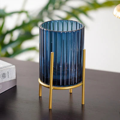 Living Ribbed Glass Hurricane with Metal Stand