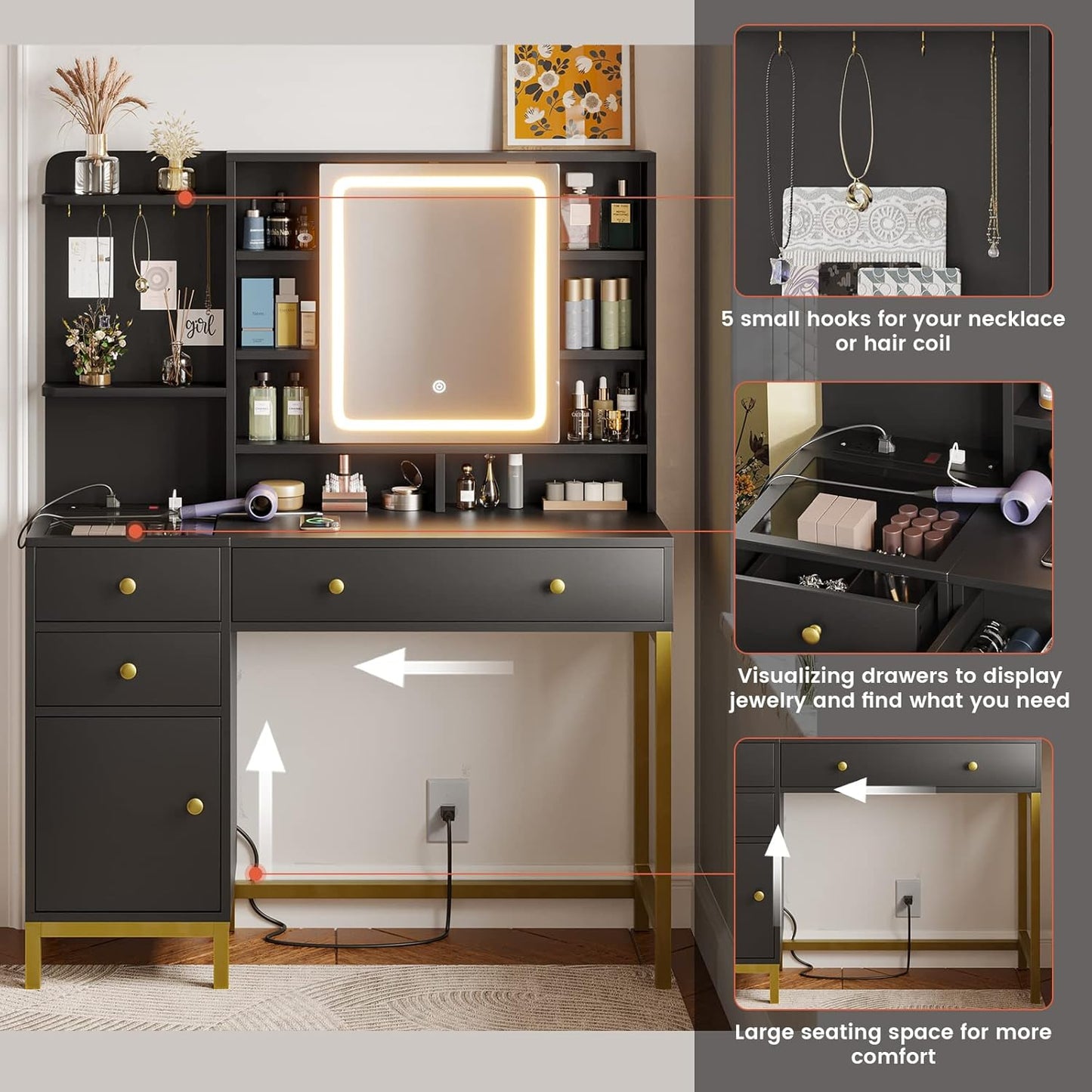 Dressing Table with Adjustable Brightness LED Mirror