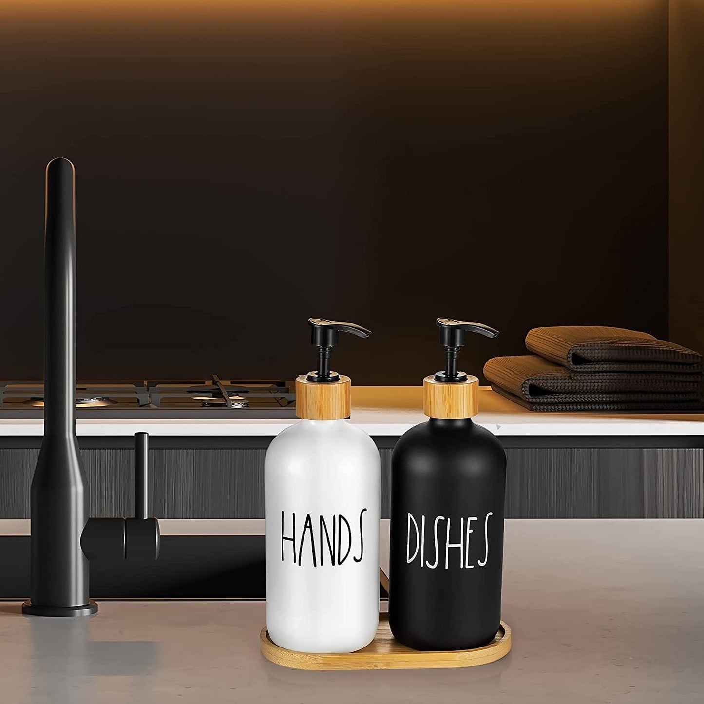 Set Of 2 Soap Dispenser with Bamboo tray