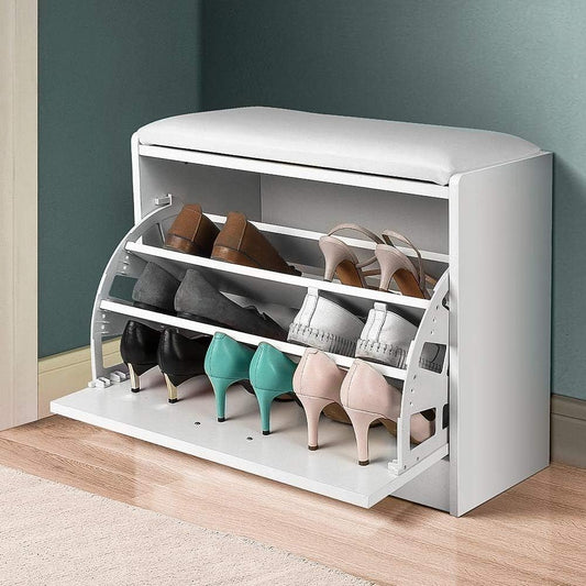 Wooden Shoe Rack with Triple Depth and Seat in Eco Leather