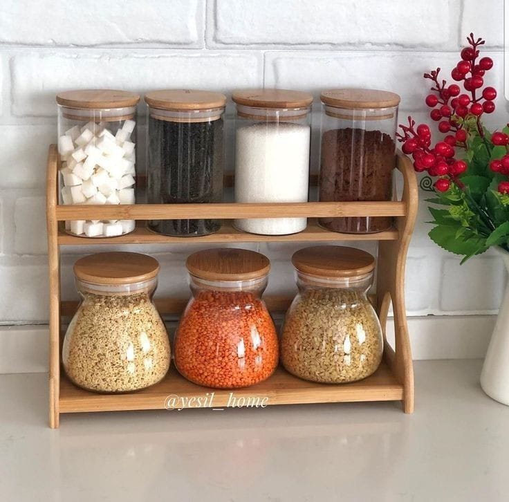 Set of 7 Glass Spice with Bamboo Stand and Bamboo Lid