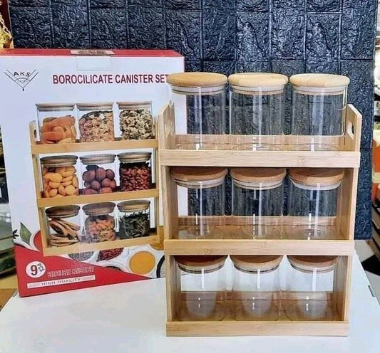 Set of 9 Glass Spice with Bamboo Stand and Bamboo Lid