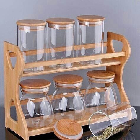 Set of 7 Glass Spice with Bamboo Stand and Bamboo Lid