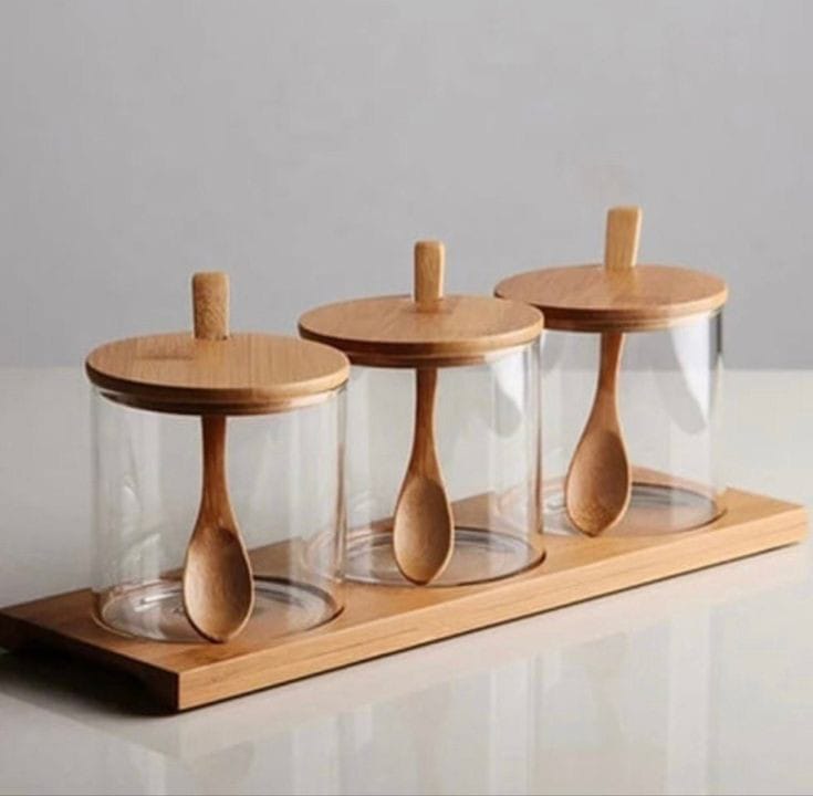 Set of 3 Glasses Storage Jar with Bamboo Stand