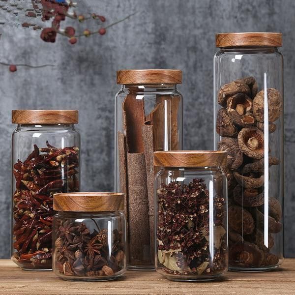 Set of 6 Glass Storage Jar With Wooden Lid