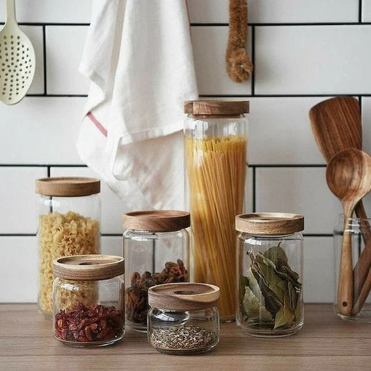 Set of 6 Glass Storage Jar With Wooden Lid