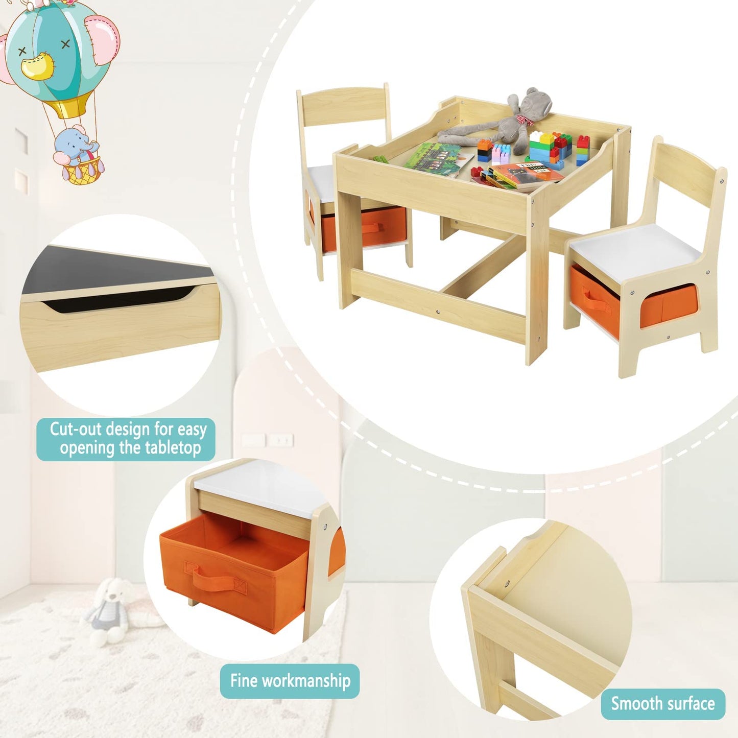 Children's Table + 2 Chairs with Storage Space for Preschool Children