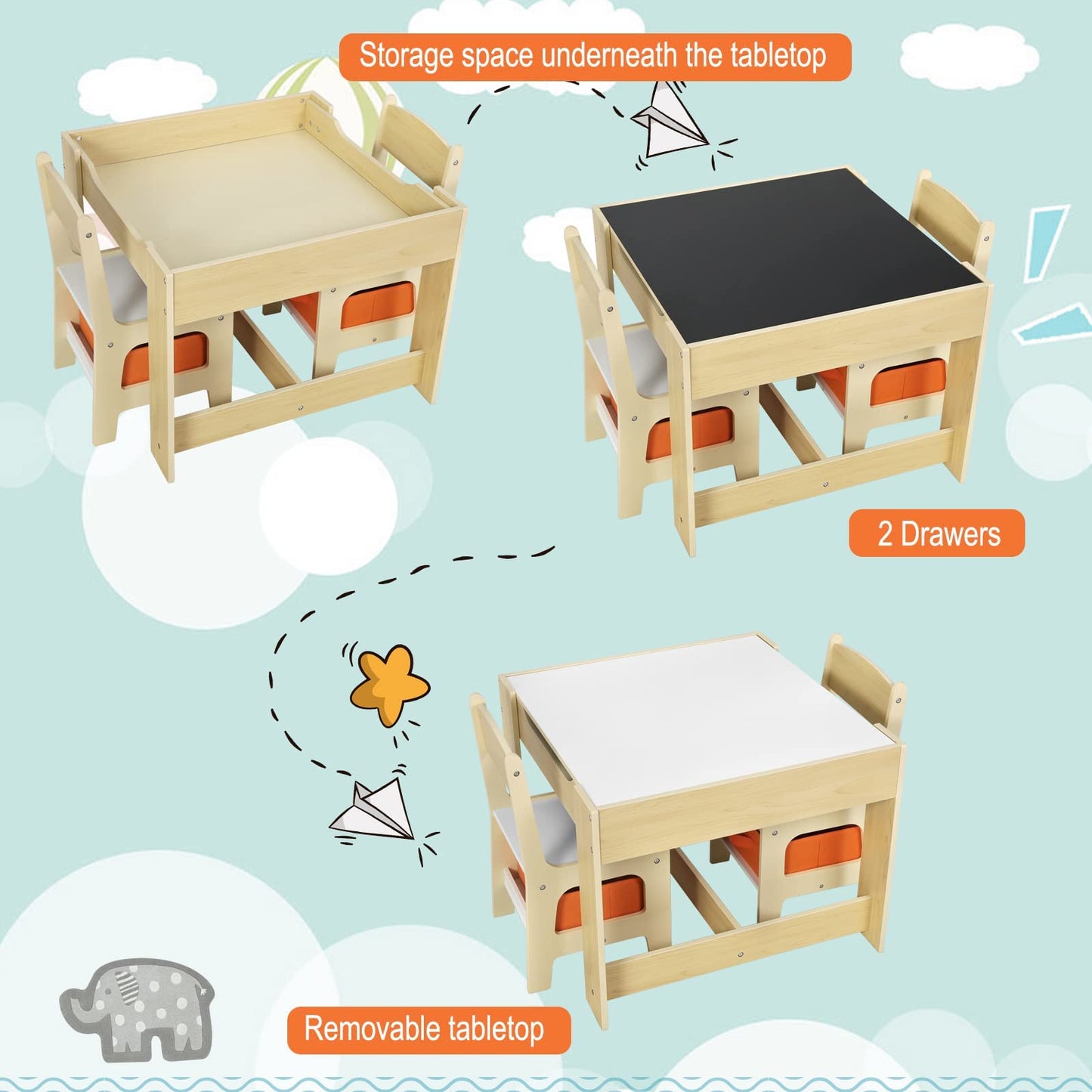 Children's Table + 2 Chairs with Storage Space for Preschool Children