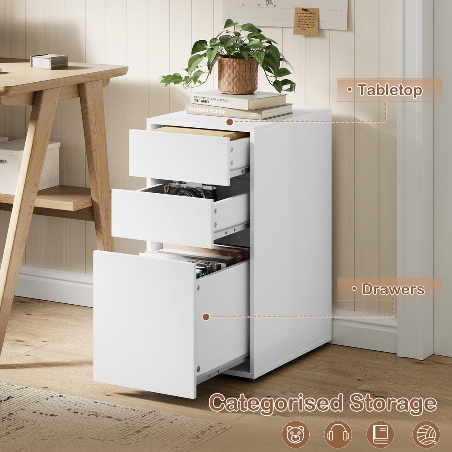 WOLTU Bedside Table, with 3 Drawers