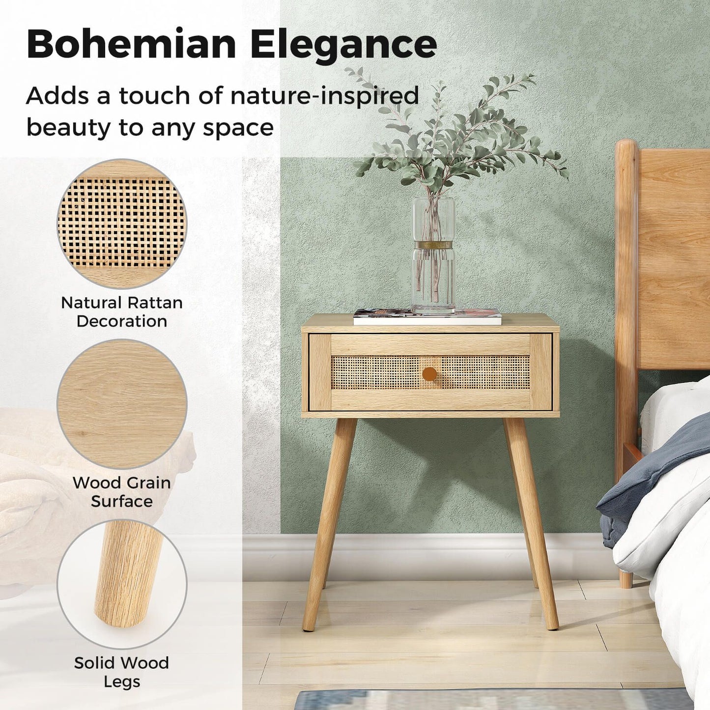 Costway Set of 2 Rattan Nightstand Bedside Table