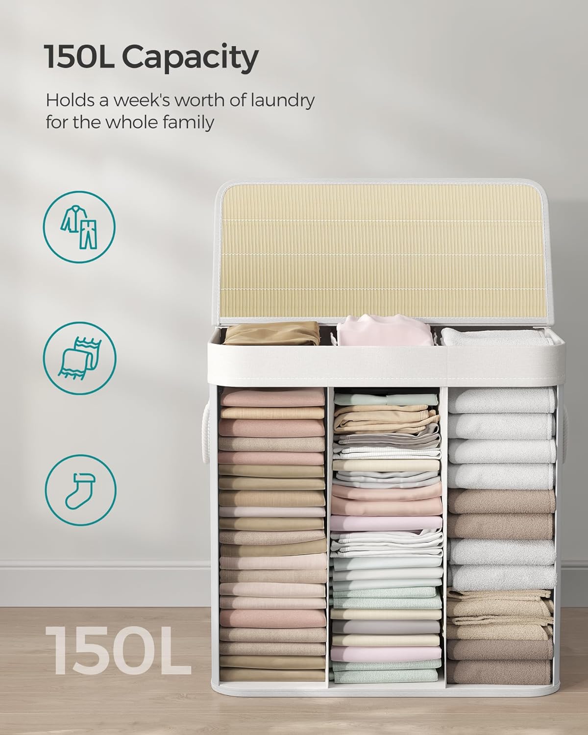 SONGMICS Laundry Hamper Basket with 3 Sections