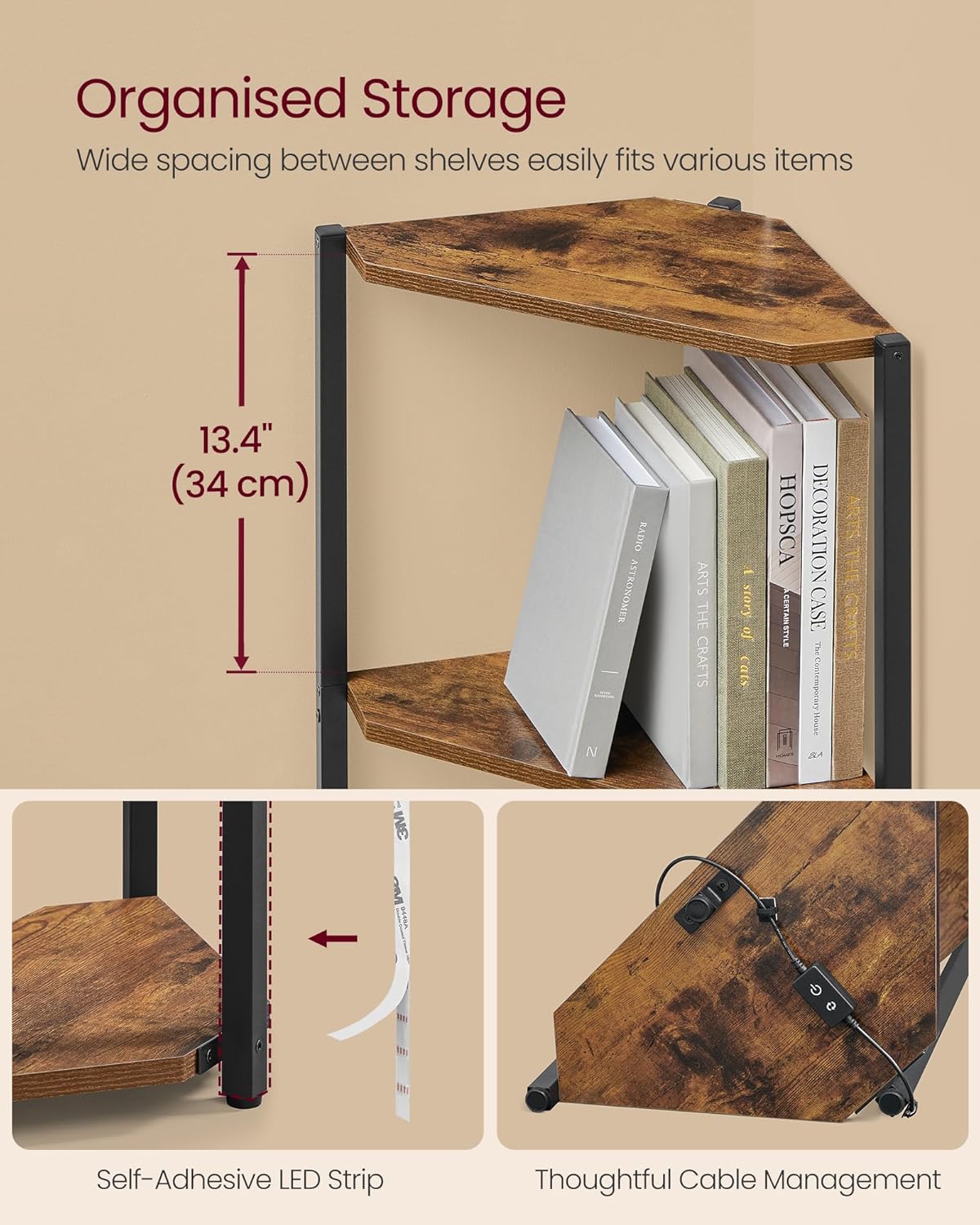 VASAGLE 5-Tier Corner Shelf, Bookcase with Adjustable LED Lights LBC590K02