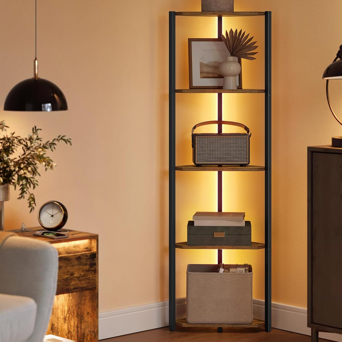 VASAGLE 5-Tier Corner Shelf, Bookcase with Adjustable LED Lights LBC590K02