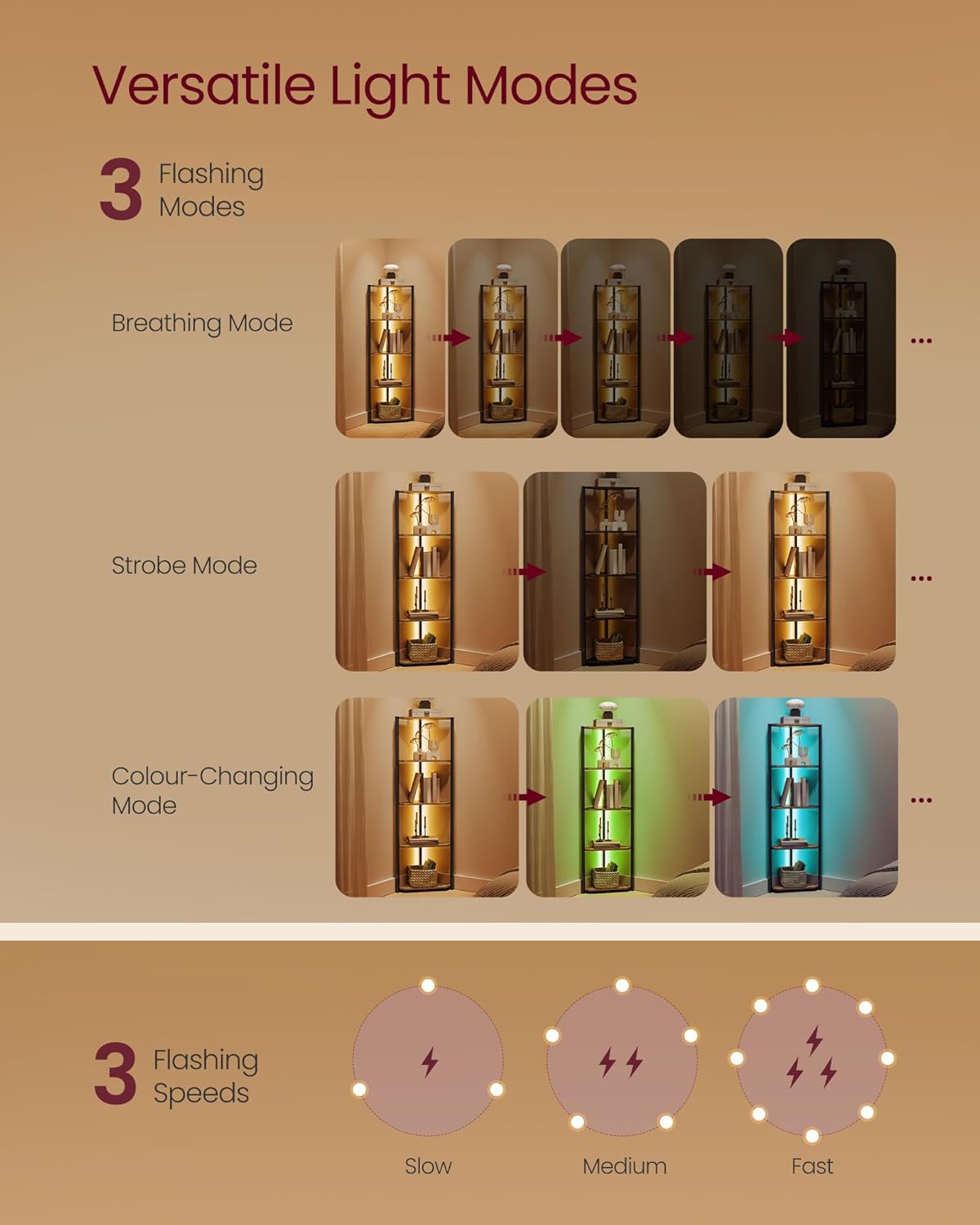 VASAGLE 5-Tier Corner Shelf, Bookcase with Adjustable LED Lights LBC590K02