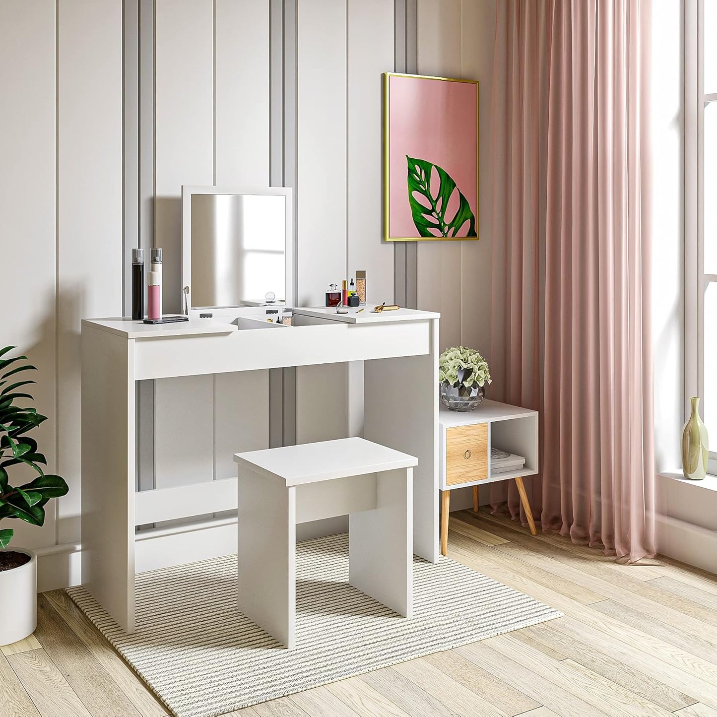 WOLTU dressing table with a flip-up mirror and matching stool