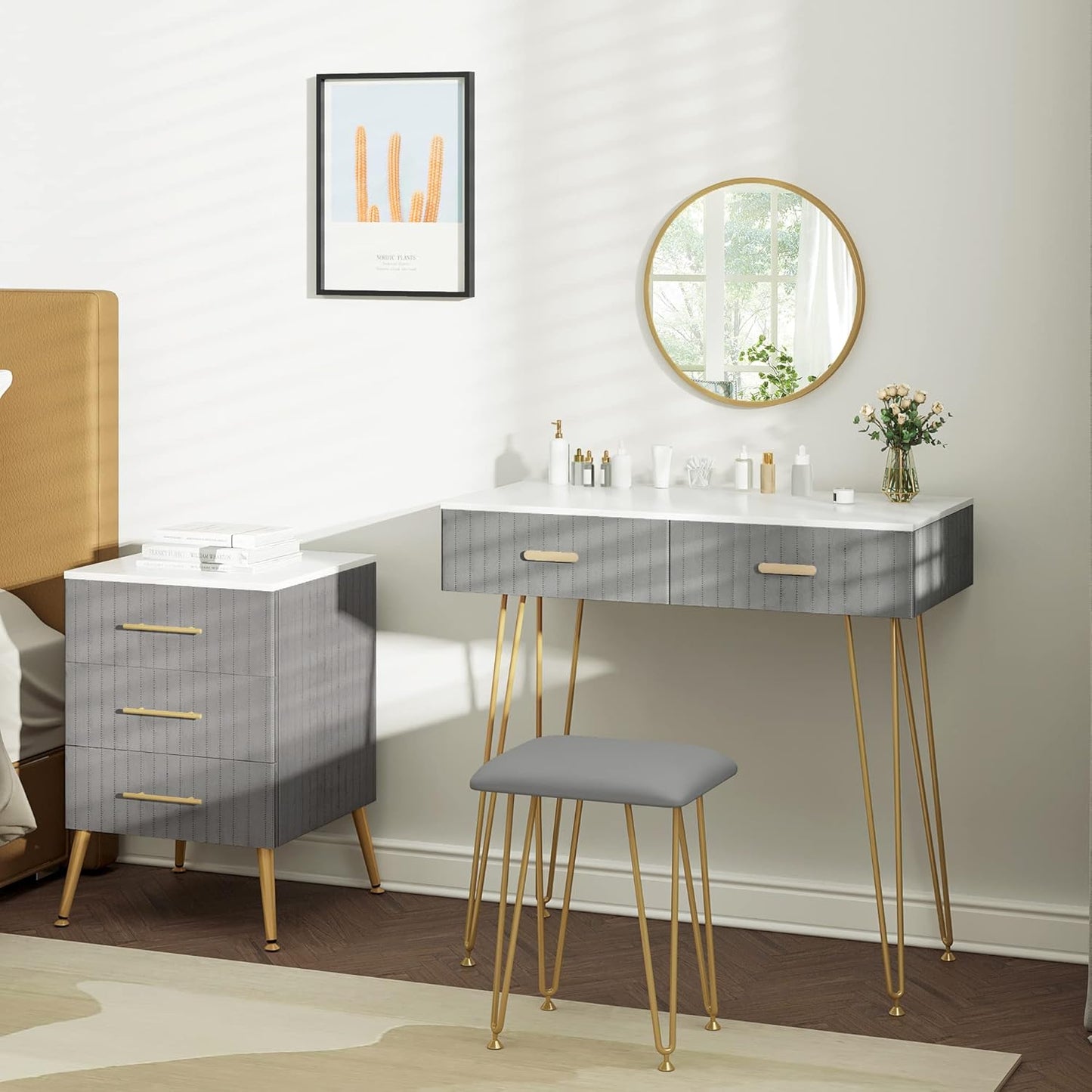 WOLTU Vanity Table with Stool Mirror